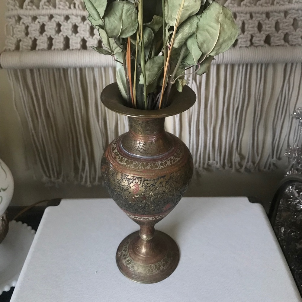 Vintage Floral Etched Brass Vase